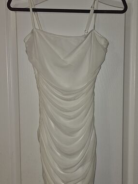 Cream Ruched Bodycon Midi Dress Spaghetti Strap Fitted Dress